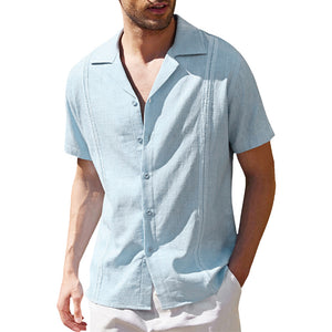 Mens Cotton Linen Casual Cuban Short Sleeve Beach Shirt