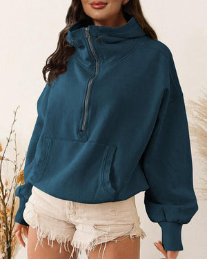 Women's Half Zip High Neck Drawstring Hooded Sweatshirt