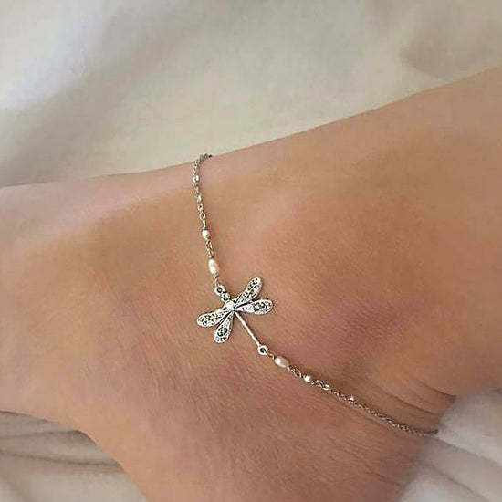 SILVER DRAGONFLY ANKLET WITH PEARL