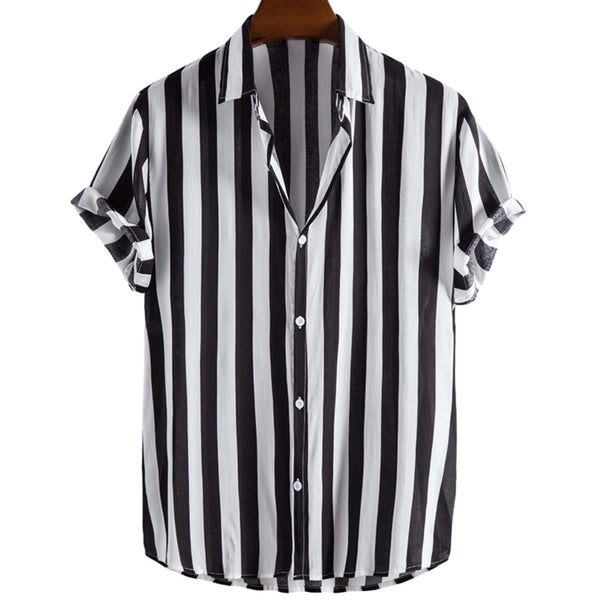 Men's Lapel Single Breasted Hong Kong Style Striped Shirt