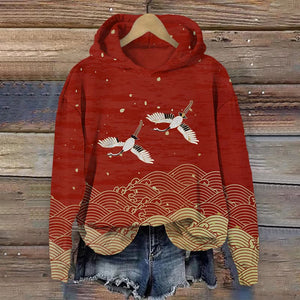 Japanese Art Waves Print Casual Hoodie