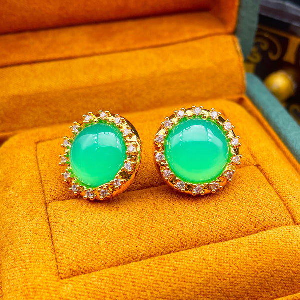 Green chalcedony natural stone zircon earrings