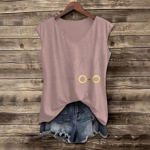 Cute Funny Cat Face Print V-neck Tank Top