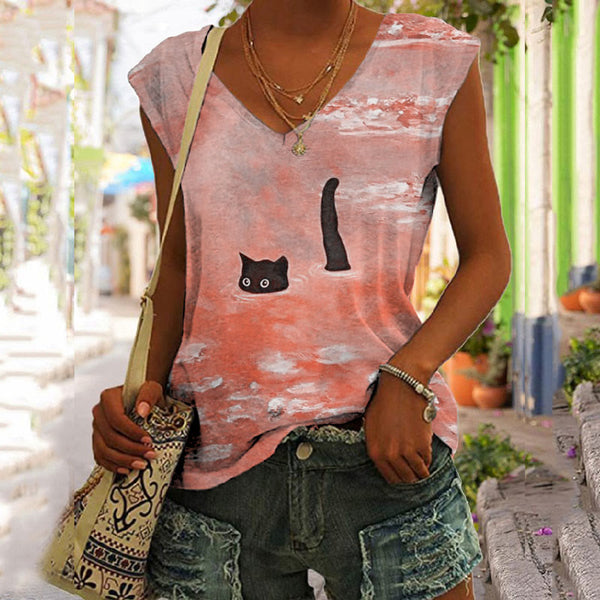 Women's Oil Painting Cat Print V-neck Tank Top