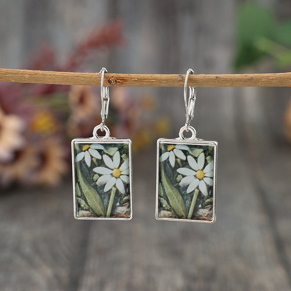 Rectangular Drop Glue Flower  Earrings