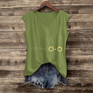 Cute Funny Cat Face Print V-neck Tank Top