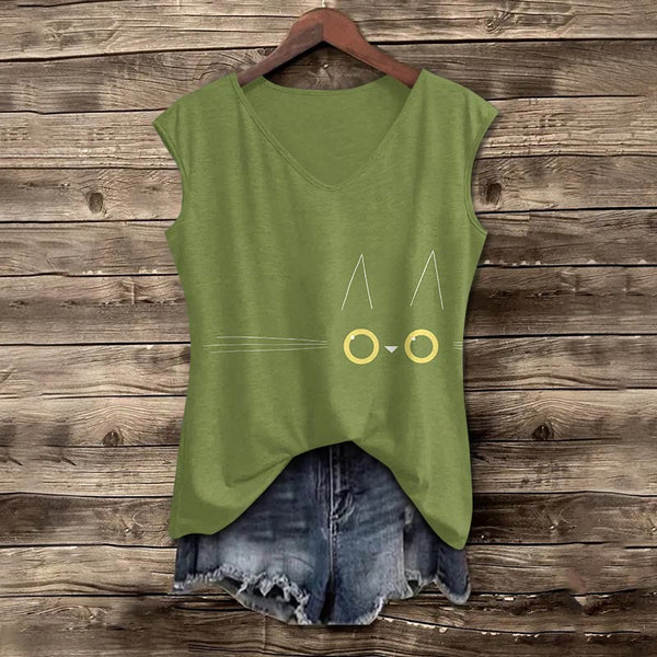 Cute Funny Cat Face Print V-neck Tank Top