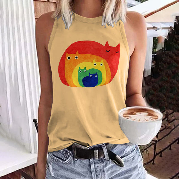 Abstract Creative Cute Rainbow Cat Print Art Tank Top