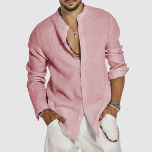 Men's Beach Cotton Linen Standing Collar Shirt