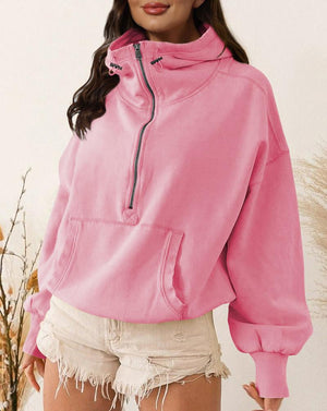 Women's Half Zip High Neck Drawstring Hooded Sweatshirt