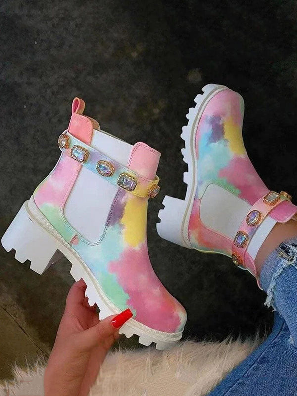 Tie Dye Rhinestone Decor Ankle Boots