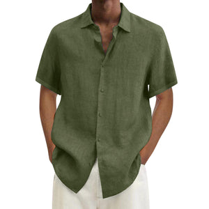 Men's solid cotton short sleeve loose lapel shirt