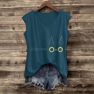 Cute Funny Cat Face Print V-neck Tank Top