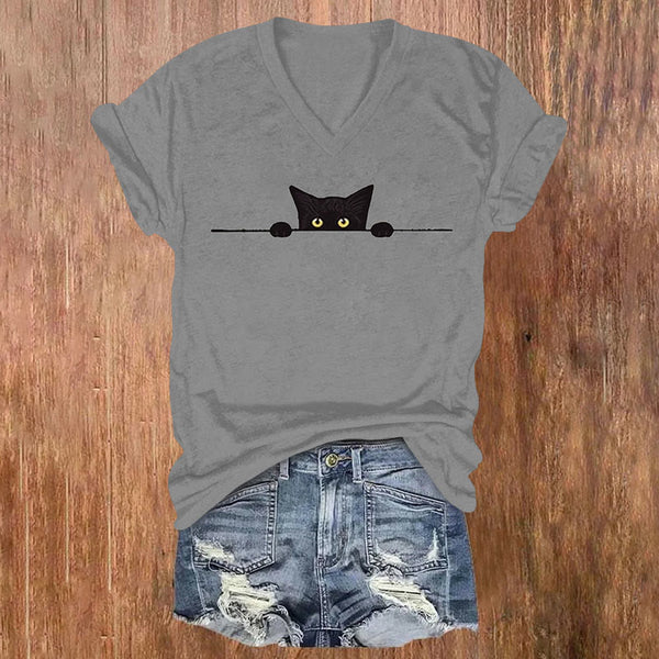 Women's Casual Black Cat Print V-neck T-shirt