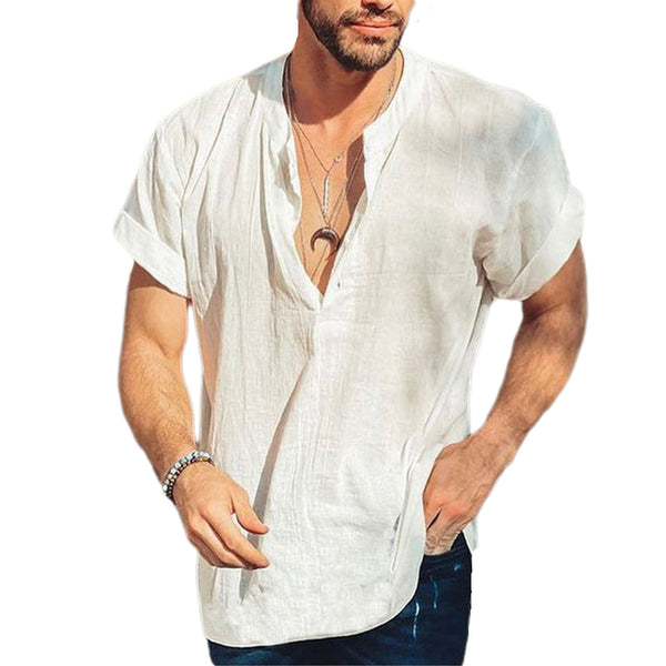 Men's round neck linen short sleeve shirt