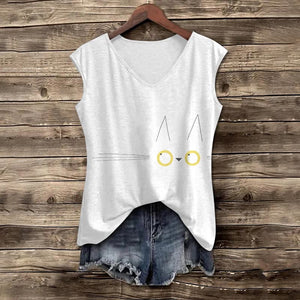 Cute Funny Cat Face Print V-neck Tank Top