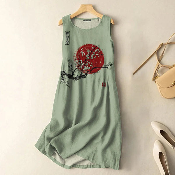 Vintage Japanese Ink Flower Sunrise Art Print Sleeveless Midi Dress