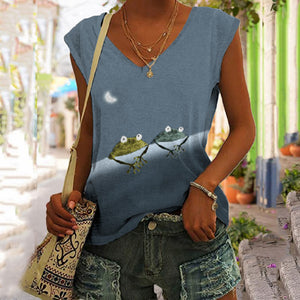 Simple Frog Color Block Print V-neck Tank Top