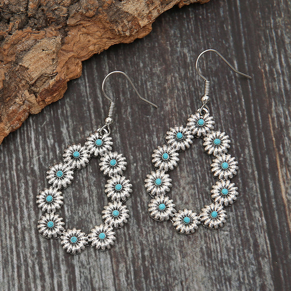 Retro Water Drop Shaped Turquoise Flower Earrings