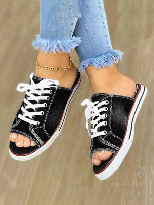 Lace Up Denim Flat Slippers