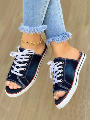 Lace Up Denim Flat Slippers