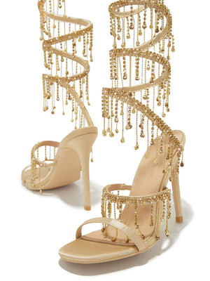 Embellished Fringe Wrap Heels