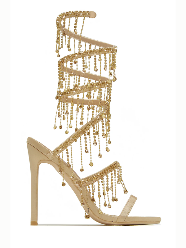 Embellished Fringe Wrap Heels