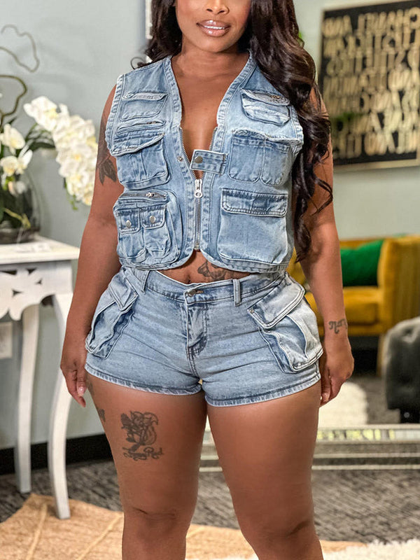 Denim Cargo Vest & Shorts Set