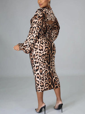 Leopard Mock Neck Long Sleeve Top Spaghetti Strap Dress