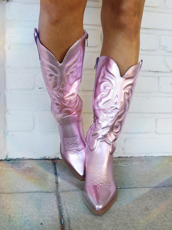 Metallic PU Leather Cowboy Boots