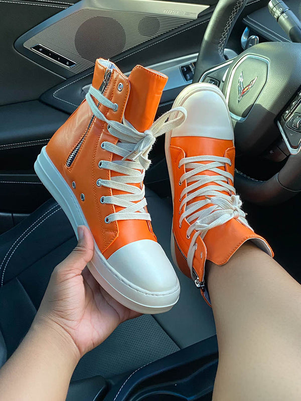 PU Side Zipper High-Top Sneakers