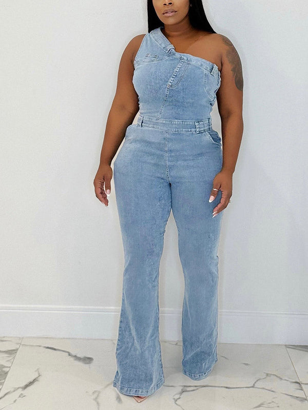 One Shoulder Denim Jumpsuit