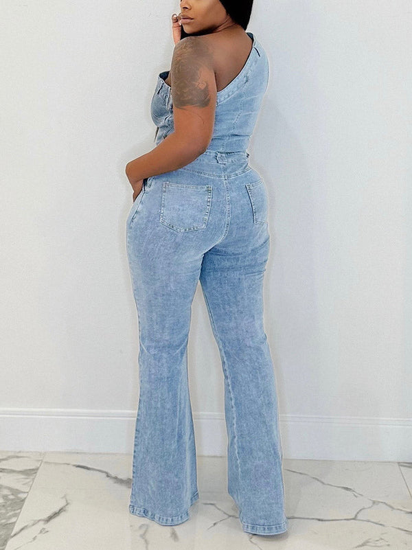 One Shoulder Denim Jumpsuit