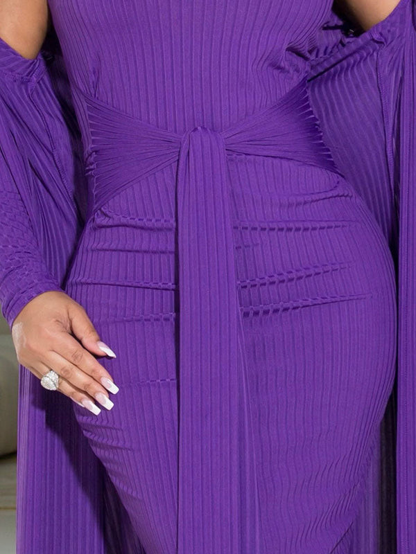 Ribbed Cardigan Tie Front Dress Set