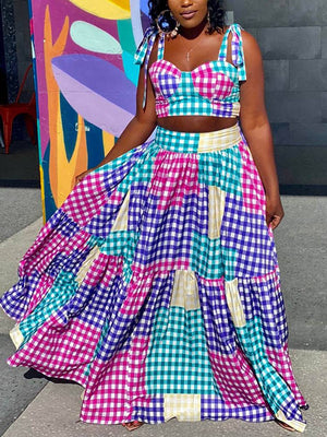 Plaid Color Block Crop Top Maxi Skirt Set