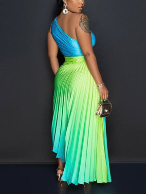 Ombre One Shoulder Pleated Dress