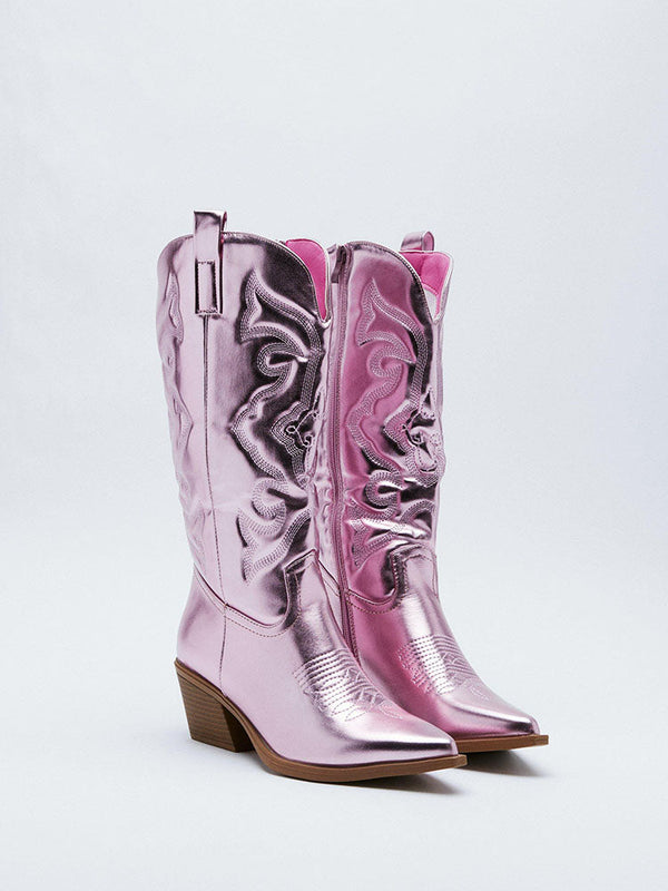 Metallic PU Leather Cowboy Boots