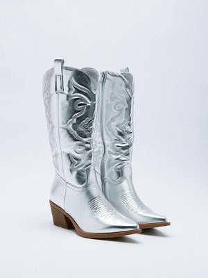 Metallic PU Leather Cowboy Boots