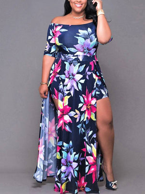 Floral Print Cold Shoulder Slit Dress