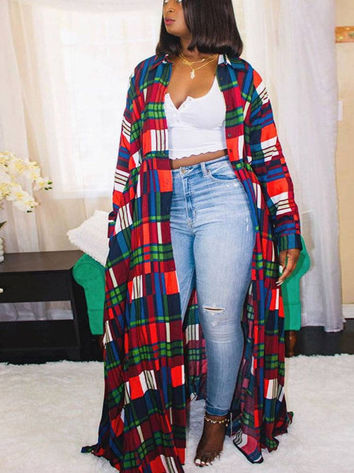 Plaid Print Shirt Collar Maxi Dress