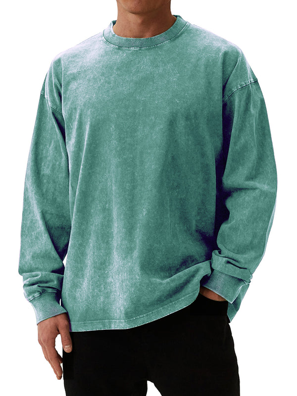 Men's Retro Round Neck Washed And Distressed Long-sleeved T-shirt