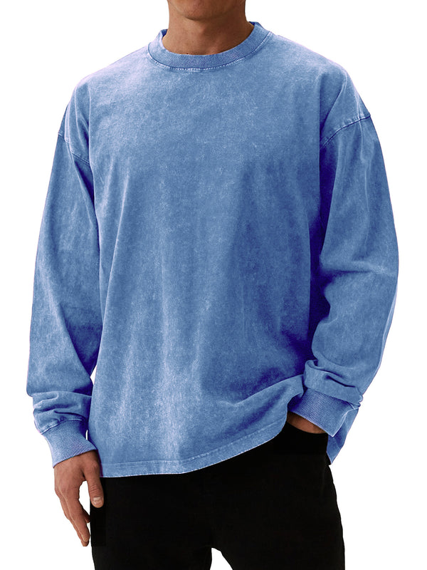 Men's Retro Round Neck Washed And Distressed Long-sleeved T-shirt