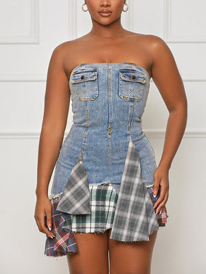 Plaid Patchwork Denim Dress