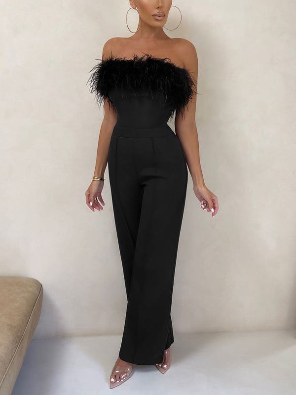 Strapless Feather Wide Leg Jumpsuit