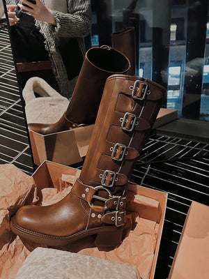 Buckle Leather Chunky Heel Boots