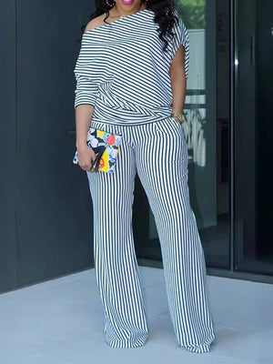 Off-Shoulder Striped Asymmetric Sleeve Pants Sets