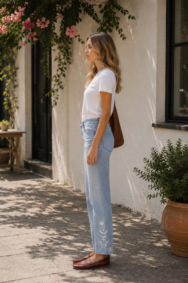 BlueMoment Bloomie Mid Waist EmbroideredHem Stretchy Jeans Women Straight Leg CasualDenim Pants