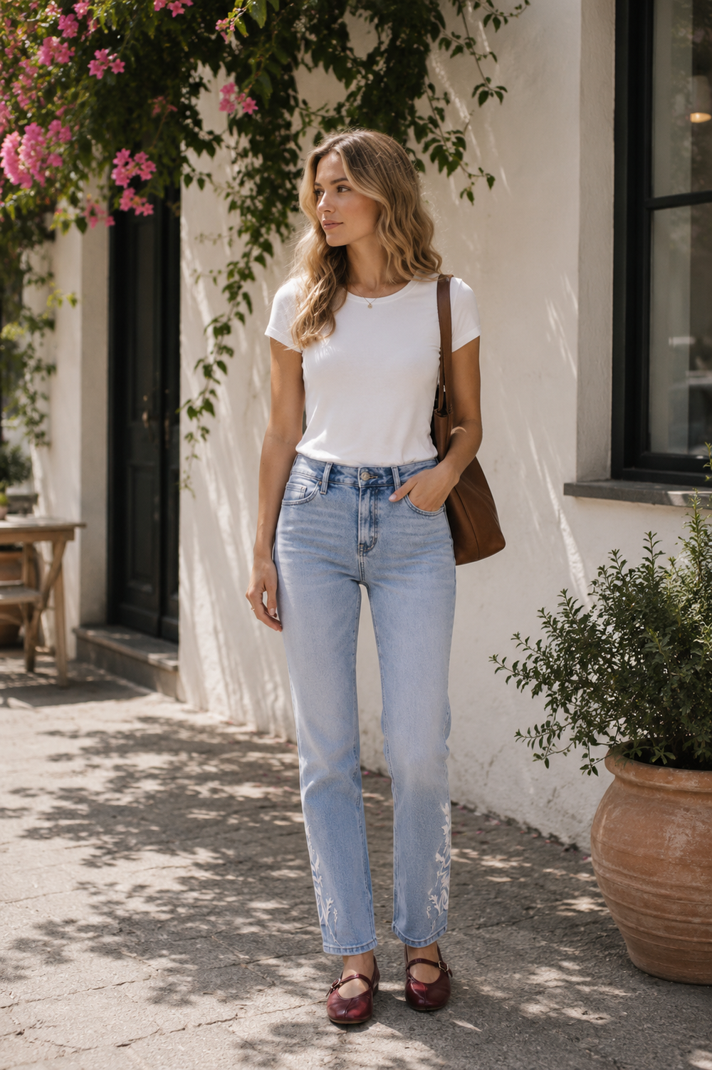 BlueMoment Bloomie Mid Waist EmbroideredHem Stretchy Jeans Women Straight Leg CasualDenim Pants