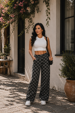 ONESO Women's BBL Jeans Checkered Print Mid Rise Straight Leg Pants High Stretch Denim BBL Jeans