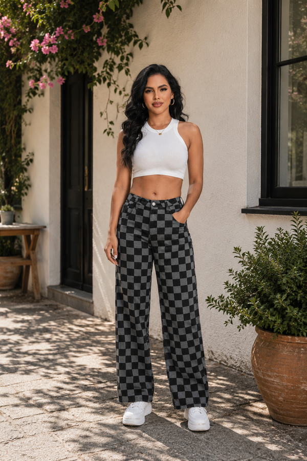 ONESO Women's BBL Jeans Checkered Print Mid Rise Straight Leg Pants High Stretch Denim BBL Jeans